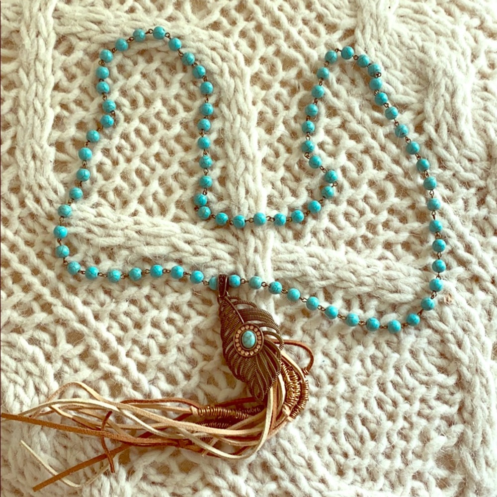 Boho Long Beaded Necklace W/ Feather Pendant
